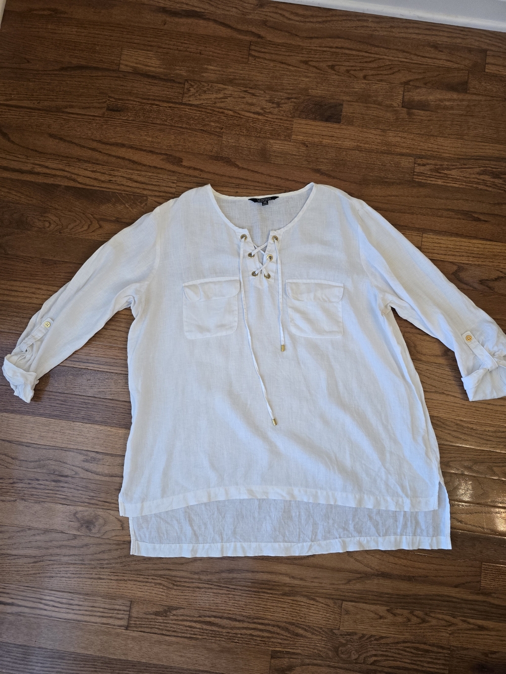 Ellen Tracey Linen Plus Size XXL White Lace-Up High Low Coastal Tunic Top